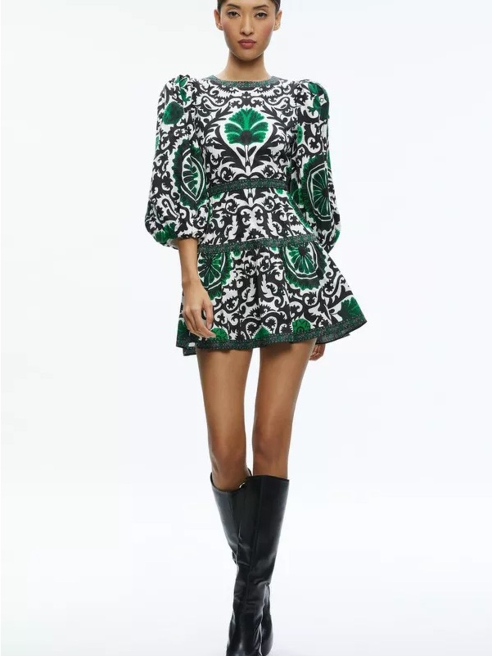 Alice+Olivia 2 Puff Sleeve Mini Floral Geometric Print Tiered Fall Flirty Preppy - Picture 3 of 13